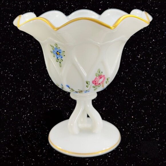 Westmoreland Compote Flower Hand Painted Compote Dish Gold Ruffled Top Glass VTG - Picture 10 of 10